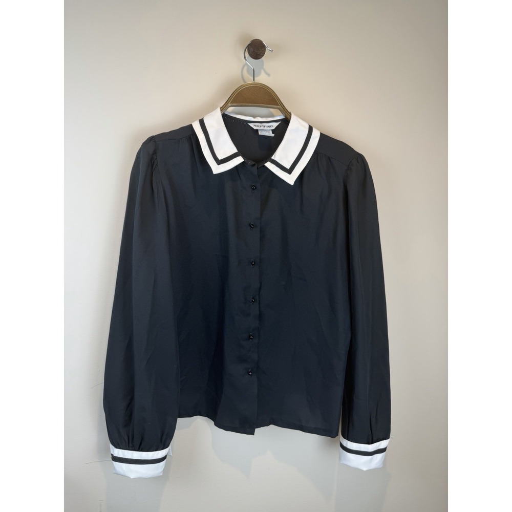 Vintage Alice Stuart Two Tone Blouse Sz 14 Black White Trim 80's Silky Academia